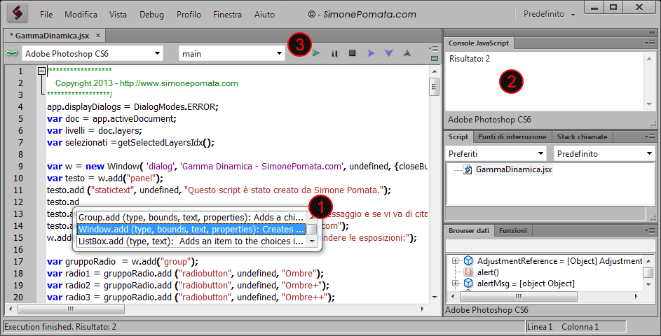 L'interfaccia di Adobe ExtendScript Toolkit CS6